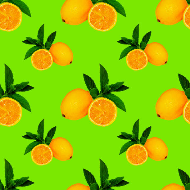 istock Large, square pattern with lemon and mint leaves on a green background, for design and advertising 1288671525