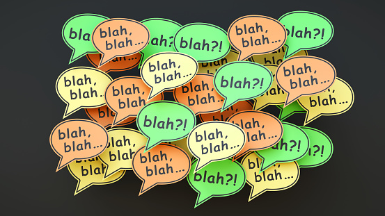 A word cloud of confusing speech bubble notes.