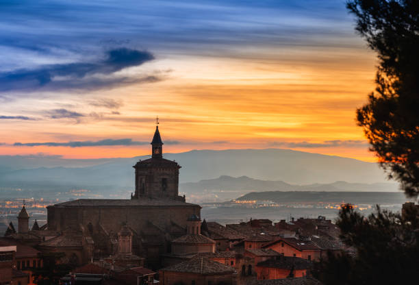 Panoramic view of the city of Viana, (Navarra, Spain) at sunset. stock photo