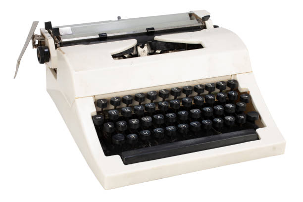 White typewriter with cyrillic keyboard layout USSR era isolated on white