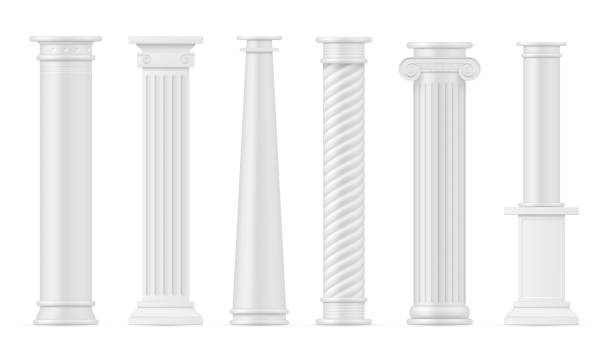 zabytkowe kolumny biały realistyczny zestaw. filarów. pomniki, stolice, cokole, stoiska. - column pedestal greek culture three dimensional shape stock illustrations