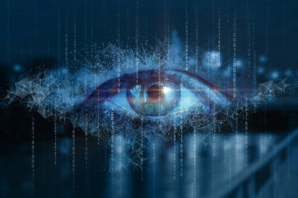 istock Eye on the background of the night city looks at the binary code. 1288688055