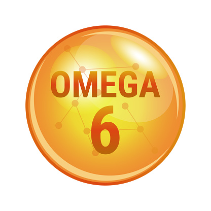 Vector illustration of omega-6. A family of polyunsaturated fatty acids found mainly in vegetable oils. Vector medical icon of capsule for health. Gold shining pill isolated on a white background.