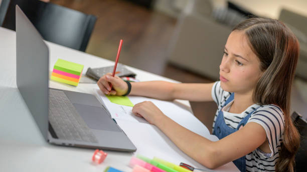 istock Girl attending to online school classes from home 1288690309
