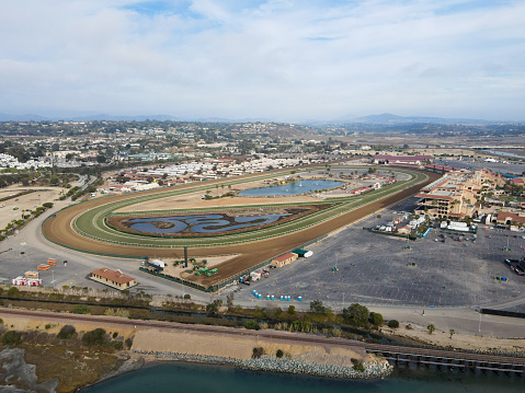 Aerial view of the The Del Mar Racetrack. Horse racing equestrian performance sport, San Diego County, California. USA. November 29th, 2020