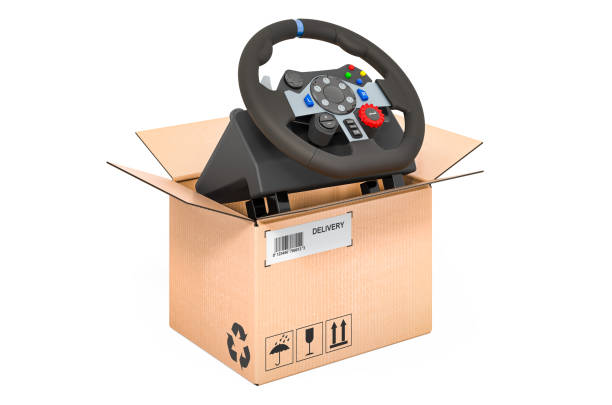 Gaming steering wheel inside cardboard box, delivery concept. 3D rendering isolated on white background