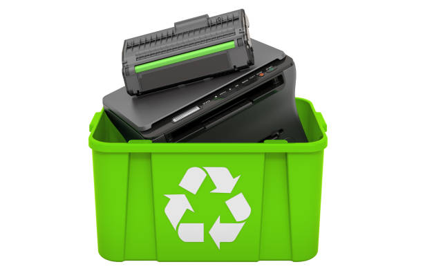 istock Recycling trashcan with printer laser, 3D rendering isolated on white background 1288692733