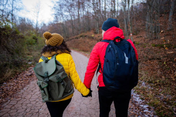 Rear view of couple holding hands while first together hiking