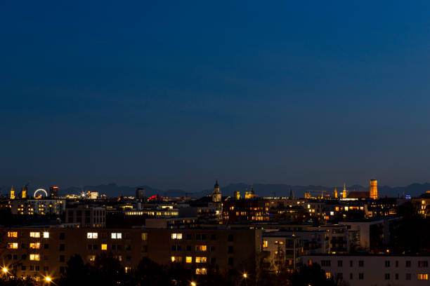 Looking east to the city of Munich from Olympia Park during blue hour.