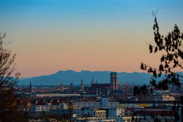 A look of Munich city center from Olympia Park during dusk hours.