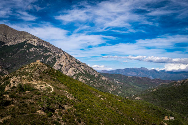 Ruin of Fortin de Pasciola and the peaks of Punta dell’Oriente and Monte d’Oru, Vivario, Corsica, France Ruin of Fortin de Pasciola and the peaks of Punta dell’Oriente and Monte d’Oru, Vivario, Corsica, France vivario photos stock pictures, royalty-free photos & images