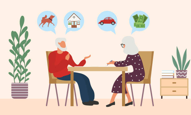 Old man and woman write a testament Old man and woman write a testament. Senior couple draw a will. Retirement estate planning, property transferring of pet, house, car and money. Isolated vector illustration in cartoon style couple relationship illustrations stock illustrations