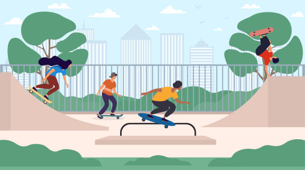 stockillustraties, clipart, cartoons en iconen met skateboarders rijden skateboards op skatepark - skateboardpark