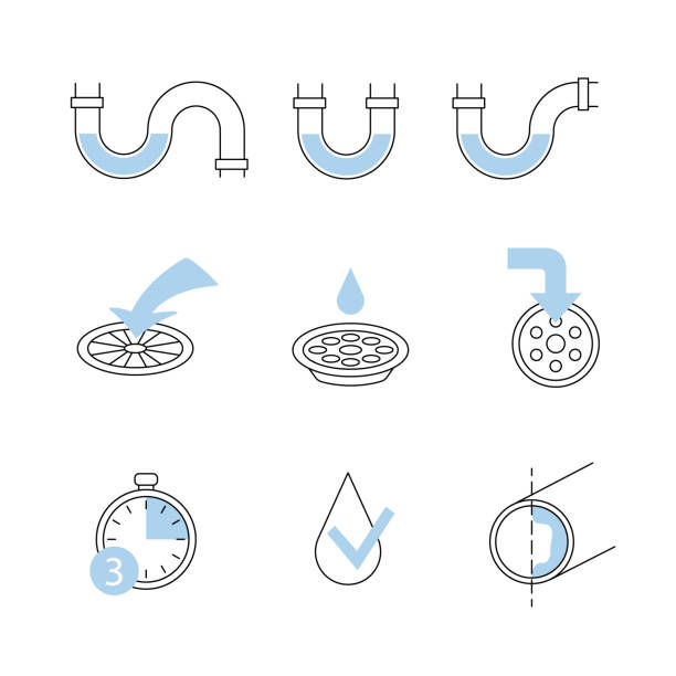 ilustrações de stock, clip art, desenhos animados e ícones de plumbing thin line icon set. clogged pipe. - water pipe sewer pipeline leaking