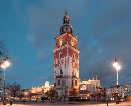 St. Mary's church and Cloth's Hall on Market Square of Krakow, Poland