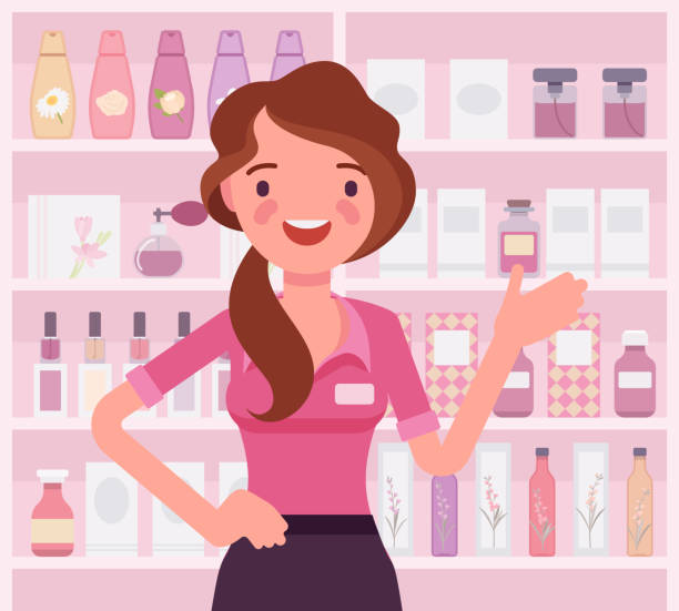 ilustrações de stock, clip art, desenhos animados e ícones de perfume shop female attractive employee, sales assistant - boutique fashion indoors shopping