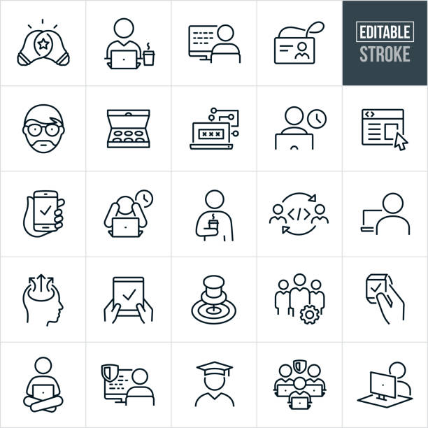 Software Programming Thin Line Icons - Editable Stroke A set of software programming icons that include editable strokes or outlines using the EPS vector file. The icons include software programmers, software developer working at computer, software programmer programing at computer, company name badge, light bulb, box of doughnuts, passcode on computer, website, smartphone, devices, overtime, stress, software programmer drinking coffee, programer coding, goal, cog, smartwatch, tablet pc, laptop computer, graduate, software developer and other related icons. computer programmer stock illustrations