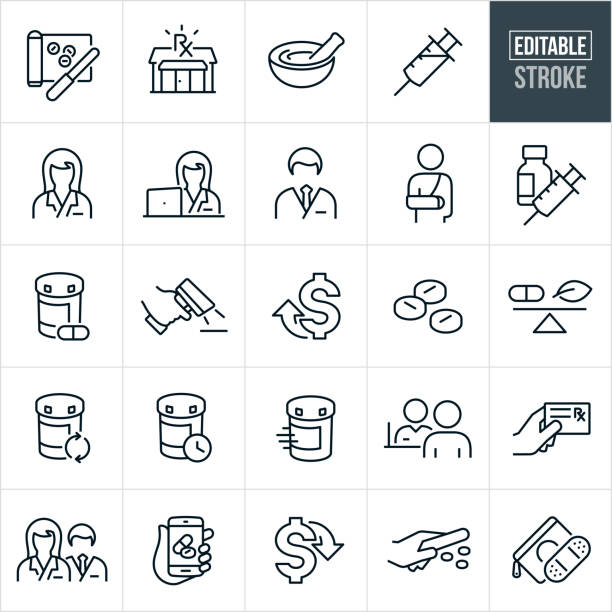 Pharmacy Thin Line Icons - Editable Stroke A set of pharmacy icons that include editable strokes or outlines using the EPS vector file. The icons include a pharmacist, pharmacy, pills, medication, syringe, immunization, mortar and pestle, female pharmacist, male pharmacist, pharmacist at computer, pharmacist assisting customer, person with broken arm, insulin, pill bottle, expensive, affordable, medication refill, prescription card, insurance card, online ordering, first-aid kit, pill tray, health care and other related icons. pharmacy stock illustrations