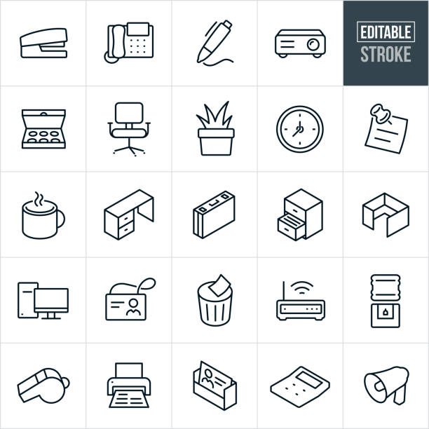 Office Items Thin Line Icons - Editable Stroke A set of office icons that include editable strokes or outlines using the EPS vector file. The icons include a stapler, office telephone, pen writing, projector, box of doughnuts, office chair, plant, office decor, clock, sticky note, coffee in coffee cup, office desk, briefcase, filing cabinet, cubicle, desktop computer, employee name badge, wastebasket, computer router, water cooler, whistle, printer, business card, calculator and bullhorn. desk symbols stock illustrations