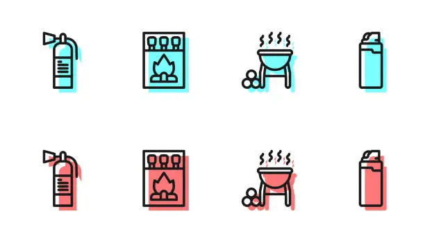 Vector illustration of Set line Barbecue grill, Fire extinguisher, Matchbox and matches and Lighter icon. Vector
