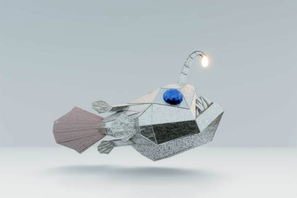 низкий полиметаллик сердитый глубоководный рыболов охотится со светящейся приманкой, рыбьим роботом, 3d иллюстрацией - predatory fish стоковые фото и изображения