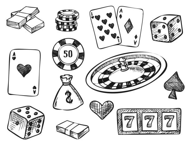 illustrazioni stock, clip art, cartoni animati e icone di tendenza di set doodles elementi casinò - slot machine illustrations