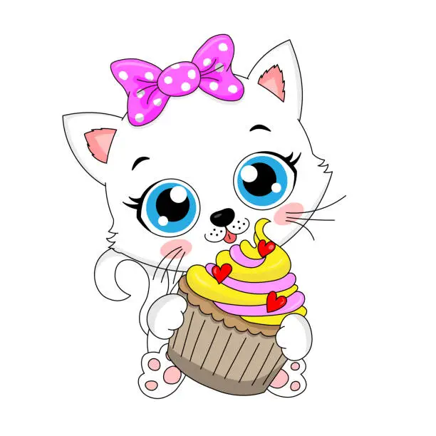 Vector illustration of Cute cat with cupcake in hands. Isolated vector