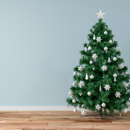 Empty living room with Christmas tree in front of light blue plaster wall background and copy space on hardwood floor. 3D rendered image.