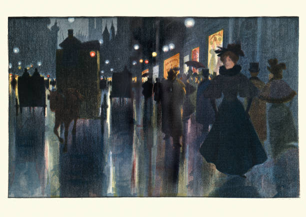ilustraciones, imágenes clip art, dibujos animados e iconos de stock de munich street at night de karl vetter, art nouveau, siglo xix - street night street light lamp