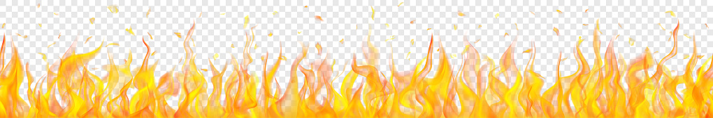 Banner of translucent fire flames and sparks with horizontal repetition on transparent background. For used on light illustrations. Transparency only in vector format