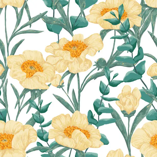 Vector illustration of Peony Claire de Lune plants seamless pattern. Hand drawn vector illustration. Realistic botanical background. Wildflowers retro sketch. Colored vintage design, print, fabric, textile, wrap, wallpaper.