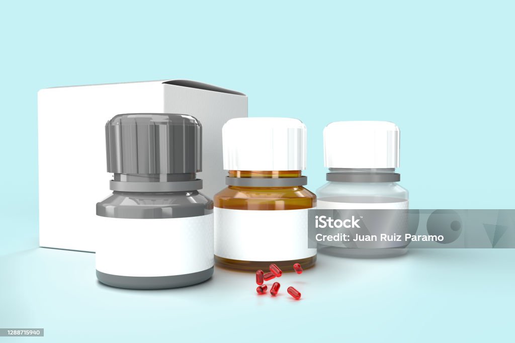 3D illustration of various pill bottles for use as PSD and Mockup. Template Stock Photo