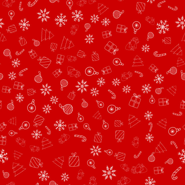 istock New Year seamless vector pattern with Christmas ornament, Santa Claus, snowflake, candy cane, tree, gifts on red background 1288716844