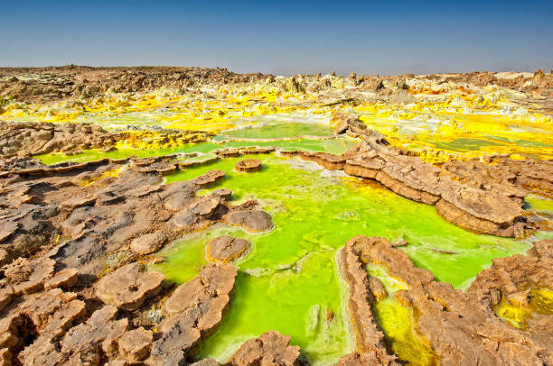 Inside the explosion crater of Dallol volcano, Danakil Depression, Ethiopia The volcanic explosion crater of Dallol in the Danakil Depression in Northern Ethiopia. The Dallol crater was formed during a phreatic eruption in 1926. This crater is known as the lowest subaerial vulcanic vents in the world. The surreal colors are caused by green acid ponds and iron oxides and sulfur. danakil desert photos stock pictures, royalty-free photos & images