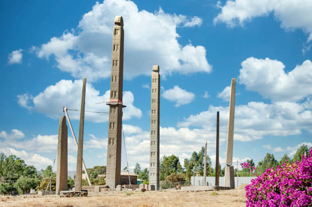 Famous area of the rock stelaes, Axum, Ethiopia Rock Stelaes in the Northern Stelea park in Axum, Northern Ethiopia. These Steleas are the main attraction of Axum - they have been errected in the 4th century A.D. architectural stele stock pictures, royalty-free photos & images