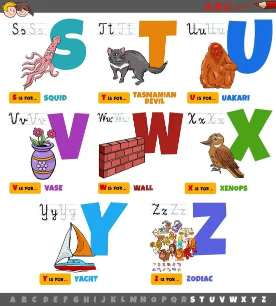 Vector illustration of educational cartoon alphabet letters set from S to Z
