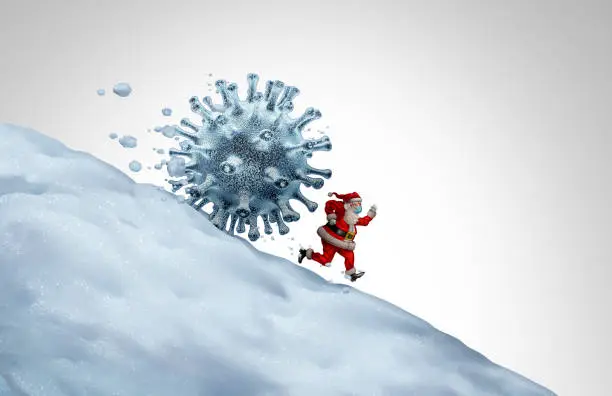 Santa Claus wearing a face mask running away from the virus as a Christmas season symbol for winter health and disease prevention with medical equipment for a viral infection with 3D render elements.
