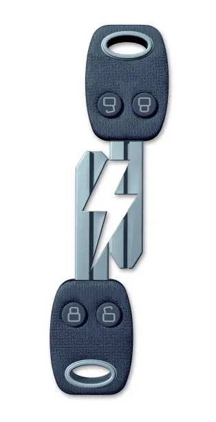 Electric car symbol and EV charging icon for renewable energy transport with auto keys shaped as an electricity shape as a 3D render.