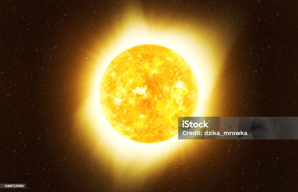 Bright Sun against dark starry sky in Solar System, elements of this image furnished by NASA Sunlight Stock Photo