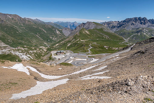 Col du Galibier, France - July 8, 2020: Panoramic view from the Col du Galibier at 2642 metres that is a french alpine mountain pass.