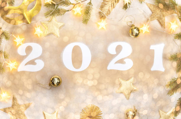 istock New Year Flat Lay composition Shining Holiday card 1288725788