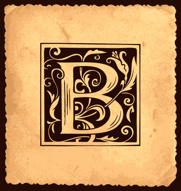 Vintage initial letter B with baroque decorations Black initial letter B with Baroque decorations on an old paper background in vintage style. Beautiful filigree capital letter B to use for monogram, logo, emblem, greeting card, invitation fancy letter b drawing stock illustrations