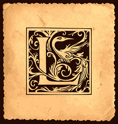 Black initial letter L with Baroque decorations on an old paper background in vintage style. Beautiful ornate capital letter suitable for greeting card, invitation, monogram, logo, emblem
