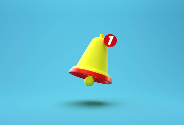 istock Notification bell creative concept. Cartoon Minimal Orange Ringing bell icon isolated on blue background. One new notification concept. Social Media element with copy space for text. 3d rendering 1288729812