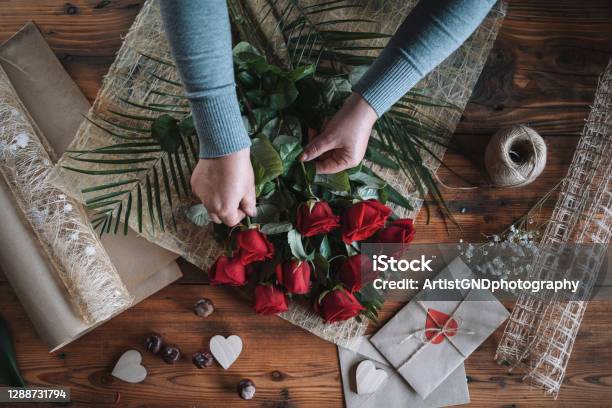 Florist Arrangement Bouquet Of Red Roses For Valentines Day Stock Photo - Download Image Now