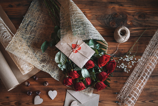 Red roses and valentine's day decoration concept, copy space