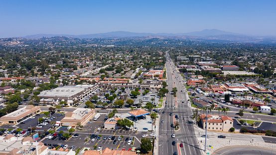 Day time aerial view of the city of Tustin, California.
