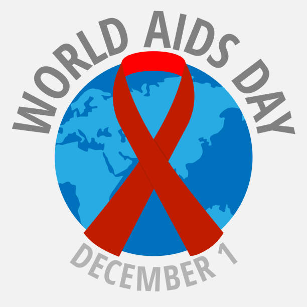 World Aids Day vector concept design. A red ribbon on the blue planet earth. Grey (gray) text above and below, with the date of the day. world aids day stock illustrations