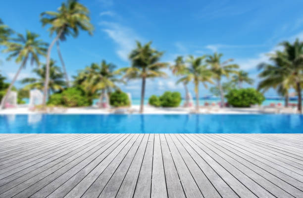 istock Wooden terrace with tropical paradise beach blurred abstract background 1288744026