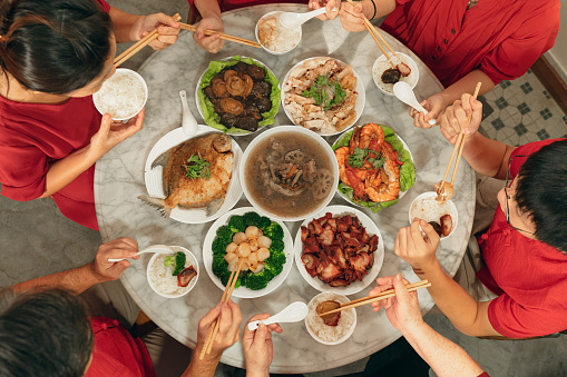 Overhead view of a Chinese New Year reunion dinner activity
